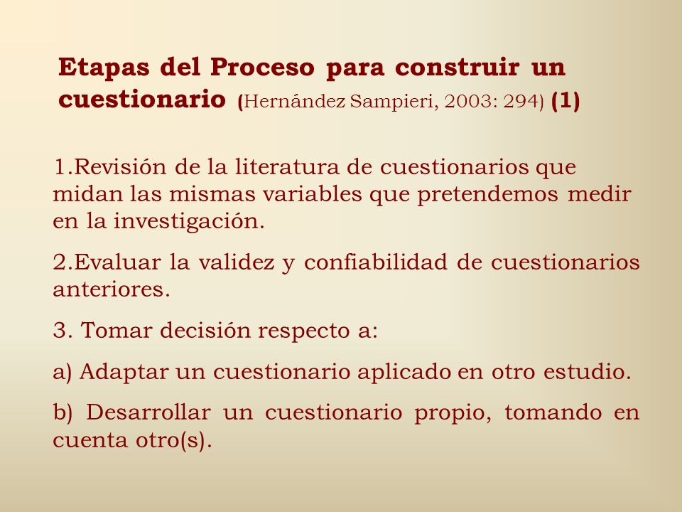Etapas del Proceso para construir un cuestionario (Hernández Sampieri, 2003: 294) (1)