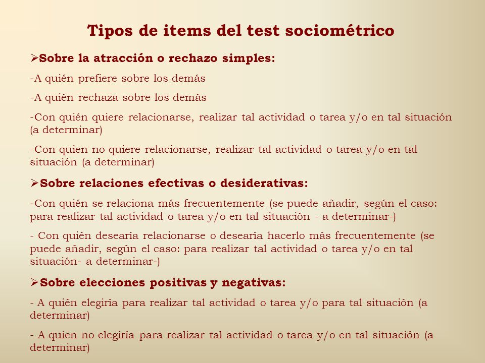 Tipos de items del test sociométrico