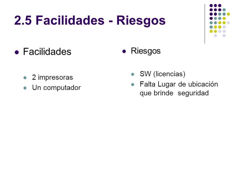 2.5 Facilidades - Riesgos Facilidades Riesgos SW (licencias)