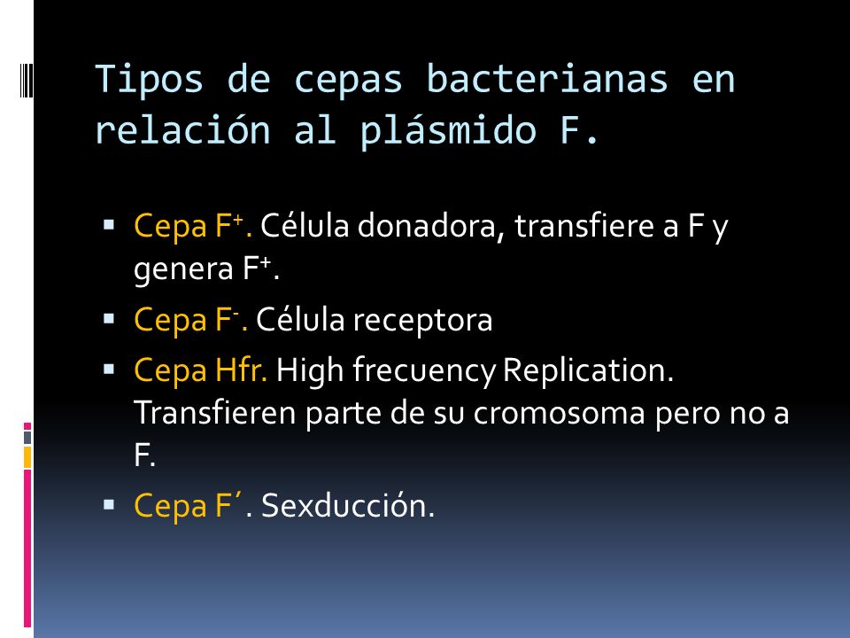 Tipos de cepas bacterianas en relación al plásmido F.