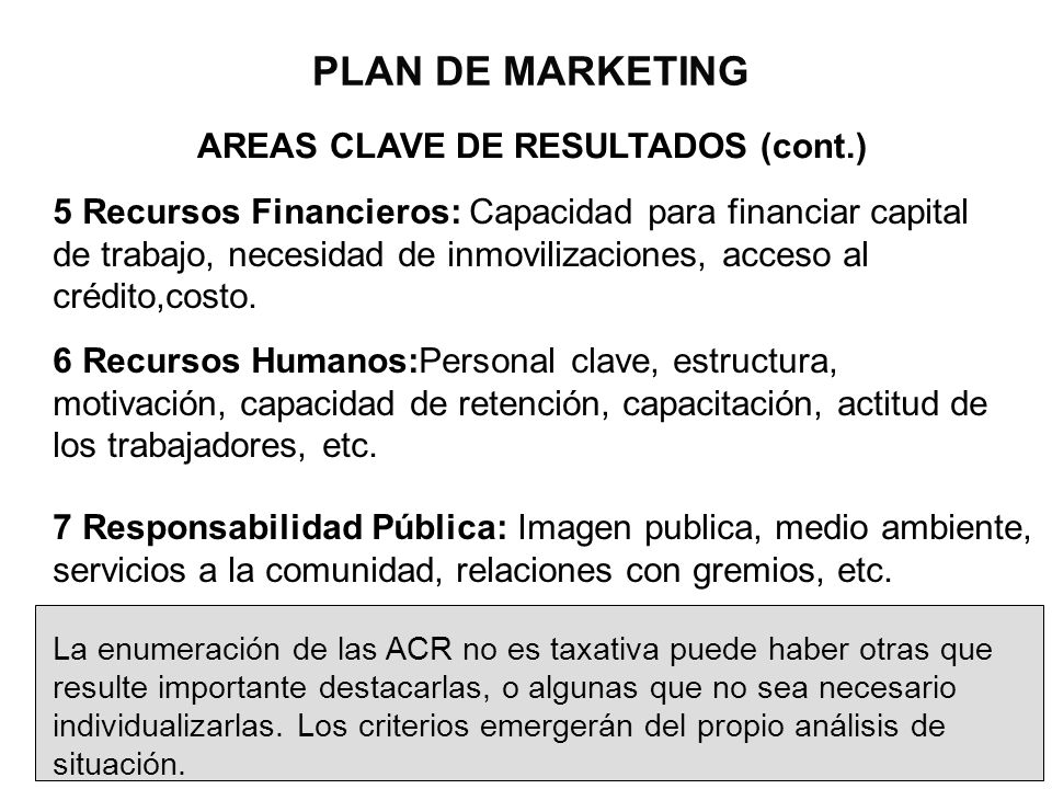 PLAN DE MARKETING AREAS CLAVE DE RESULTADOS (cont.)