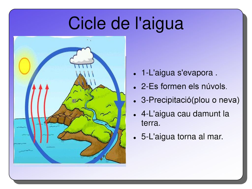 Cicle de l aigua 1-L aigua s evapora . 2-Es formen els núvols.