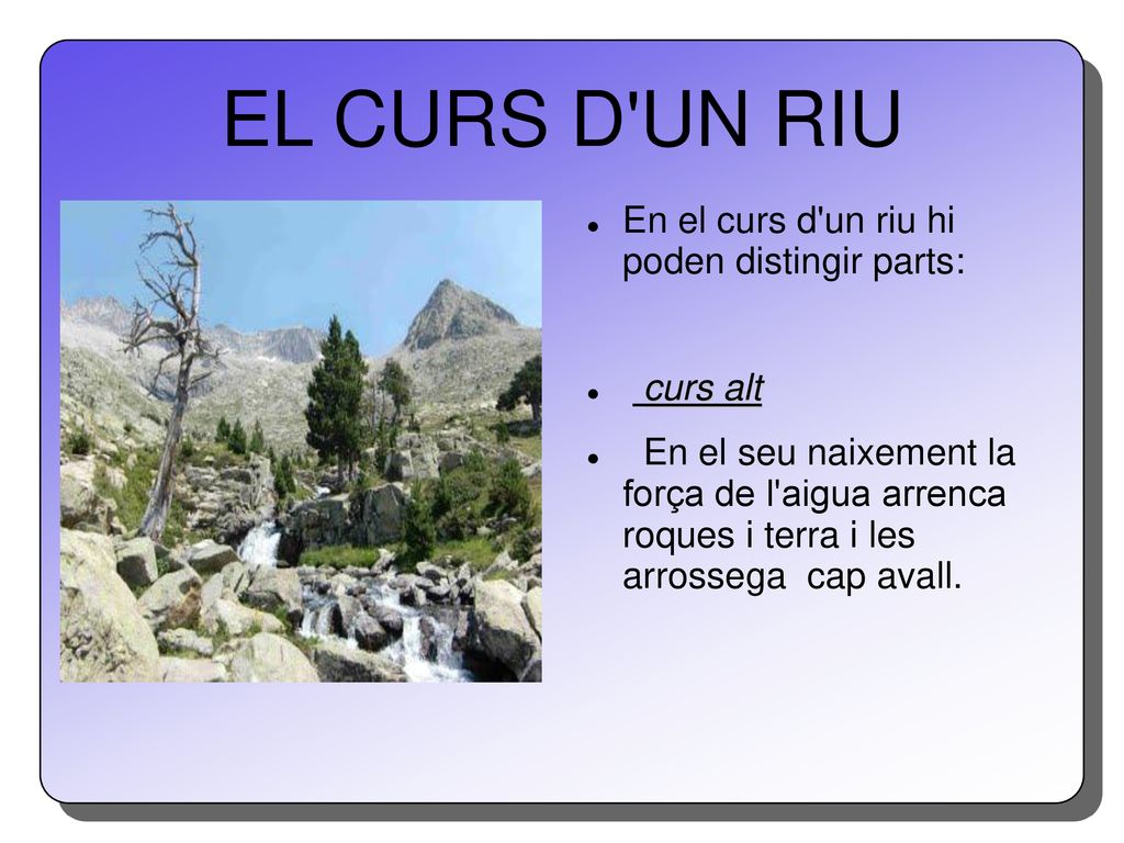 EL CURS D UN RIU En el curs d un riu hi poden distingir parts:
