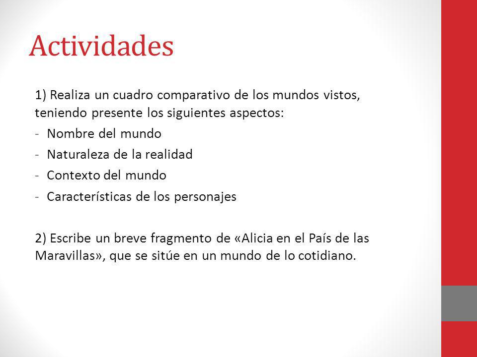 Actividades 1) Realiza un cuadro comparativo de los mundos vistos, teniendo presente los siguientes aspectos: