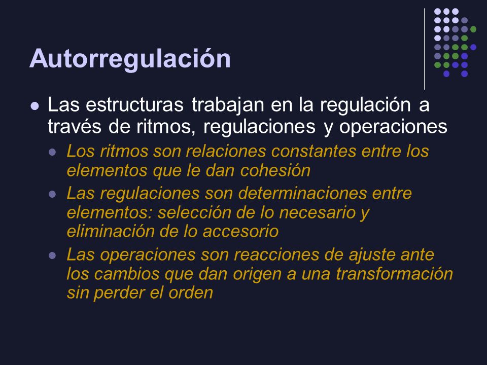 Autorregulación Las estructuras trabajan en la regulación a través de ritmos, regulaciones y operaciones.