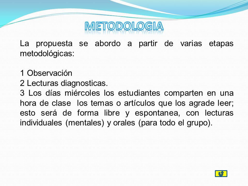 METODOLOGIA La propuesta se abordo a partir de varias etapas metodológicas: 1 Observación. 2 Lecturas diagnosticas.