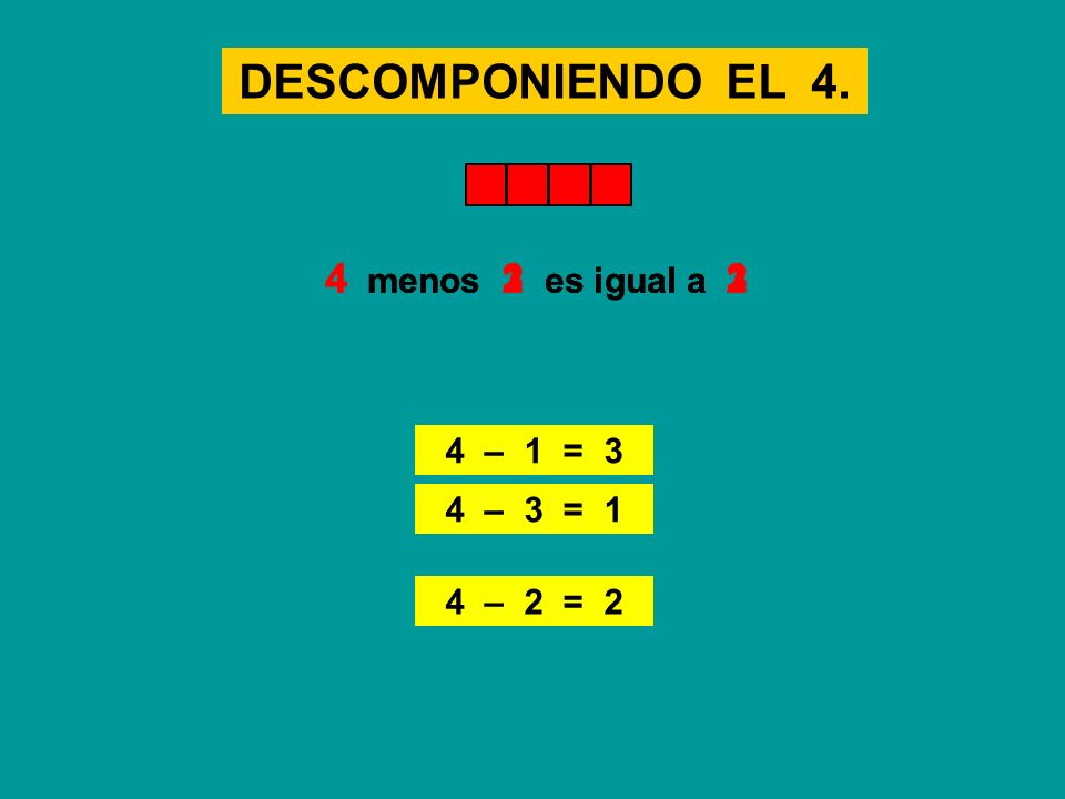 DESCOMPONIENDO EL 4. 4 menos 3 es igual a 1 4 menos 1 es igual a 3