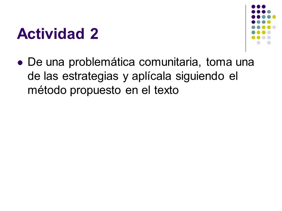 Actividad 2 De una problemática comunitaria, toma una de las estrategias y aplícala siguiendo el método propuesto en el texto.