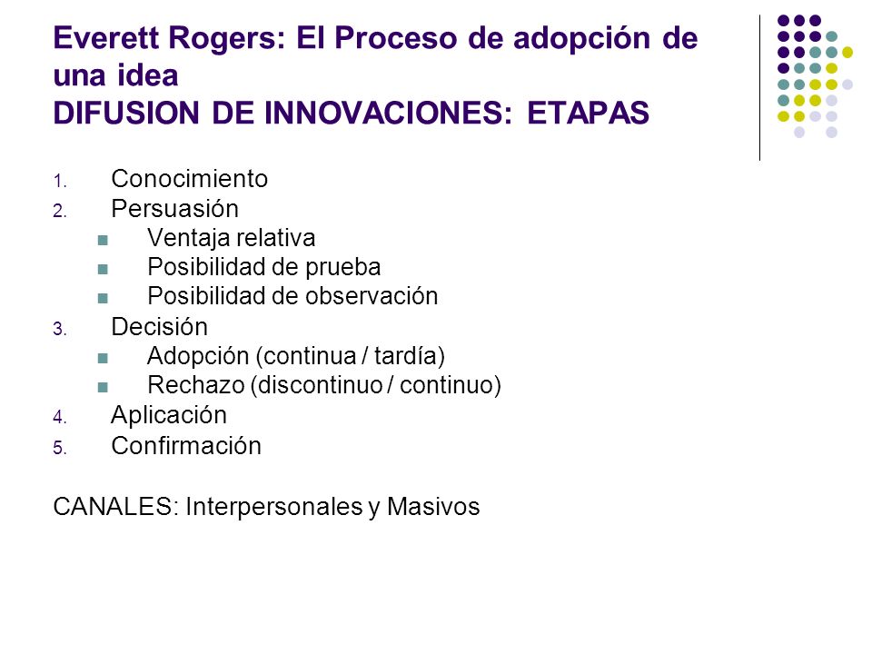 Everett Rogers: El Proceso de adopción de una idea DIFUSION DE INNOVACIONES: ETAPAS