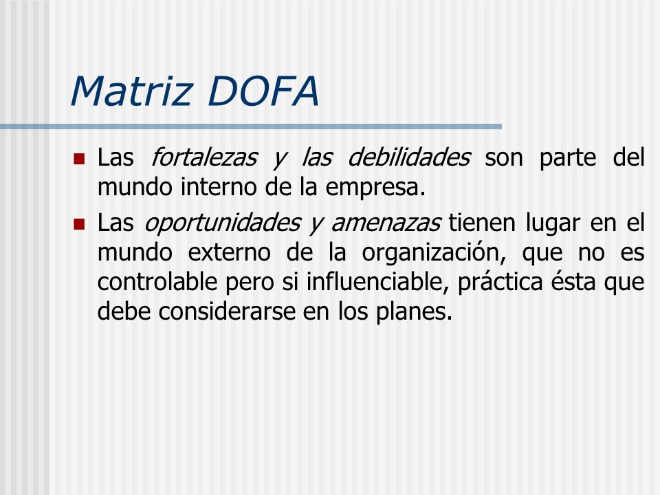 Matriz DOFA Las fortalezas y las debilidades son parte del mundo interno de la empresa.