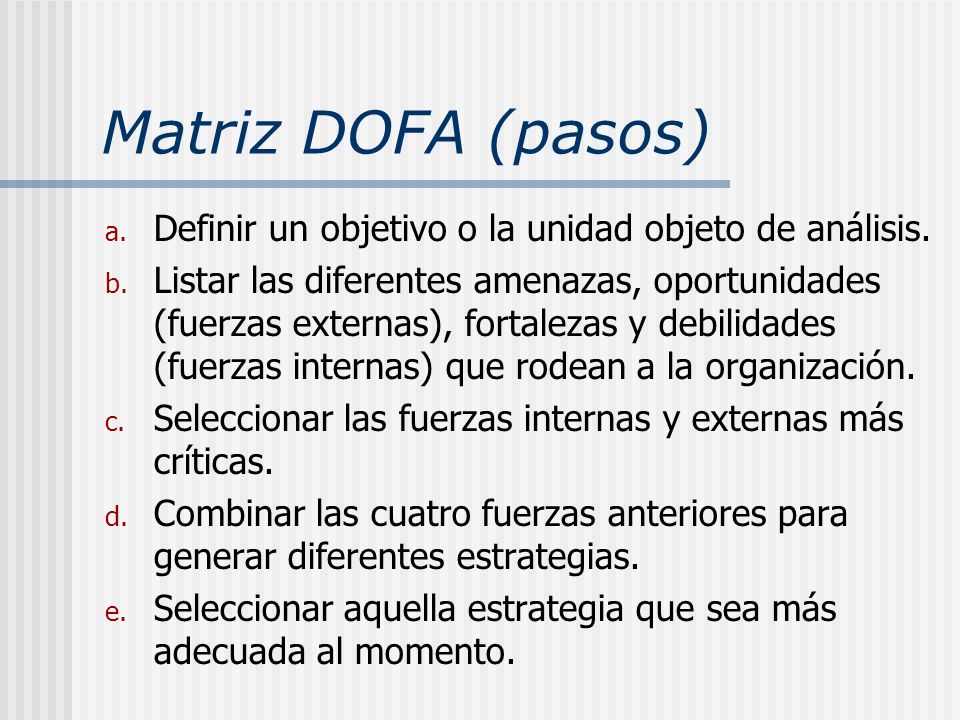 Matriz DOFA (pasos) Definir un objetivo o la unidad objeto de análisis.