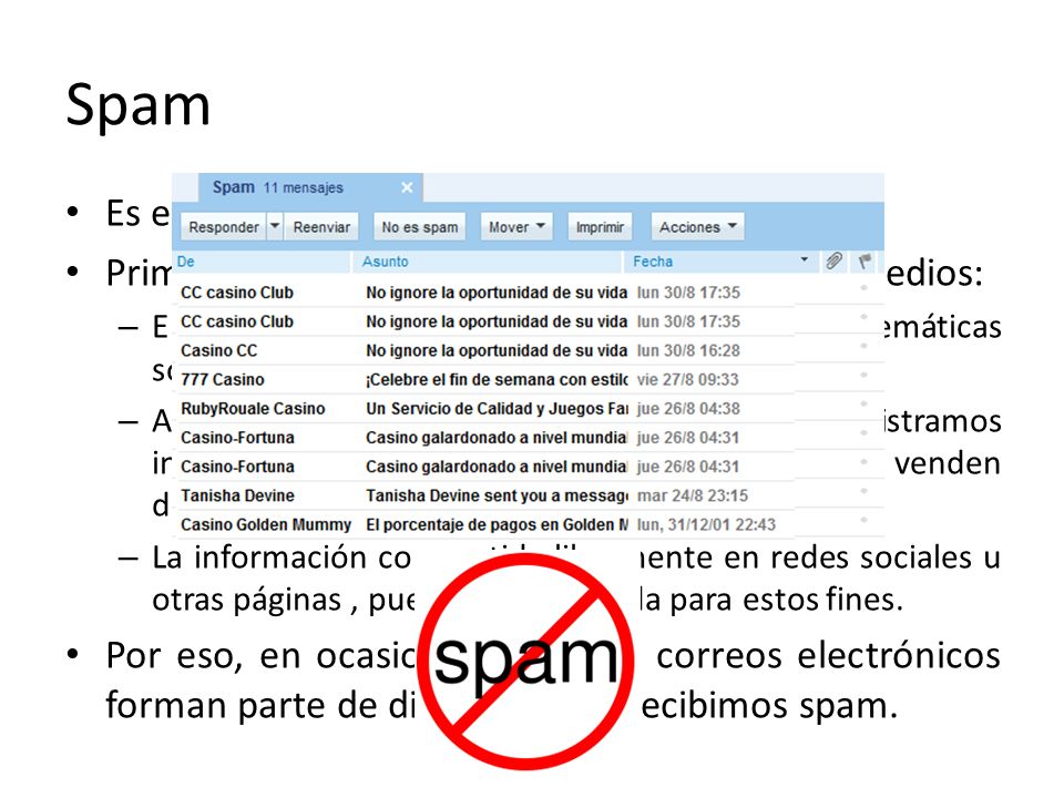 Spam Es el correo electrónico no deseado.