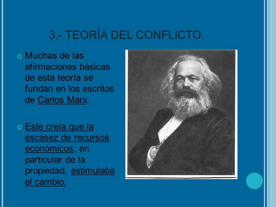 3.- TEORÍA DEL CONFLICTO. Muchas de las afirmaciones básicas de esta teoría se fundan en los escritos de Carlos Marx.