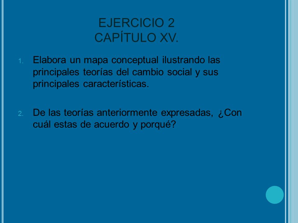 EJERCICIO 2 CAPÍTULO XV. Elabora un mapa conceptual ilustrando las principales teorías del cambio social y sus principales características.