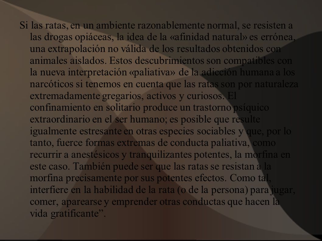 Si las ratas, en un ambiente razonablemente normal, se resisten a las drogas opiáceas, la idea de la «afinidad natural» es errónea, una extrapolación no válida de los resultados obtenidos con animales aislados.