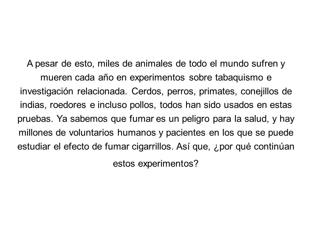 A pesar de esto, miles de animales de todo el mundo sufren y mueren cada año en experimentos sobre tabaquismo e investigación relacionada.