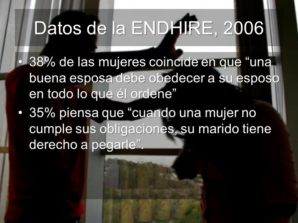 Datos de la ENDHIRE, % de las mujeres coincide en que una buena esposa debe obedecer a su esposo en todo lo que él ordene