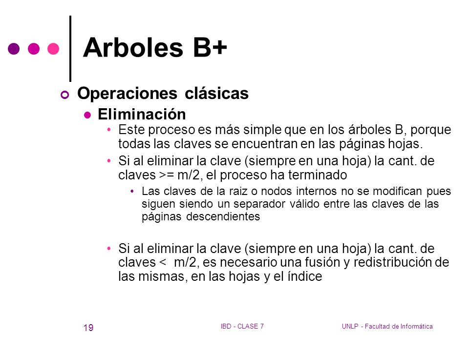 Arboles B+ Operaciones clásicas Eliminación