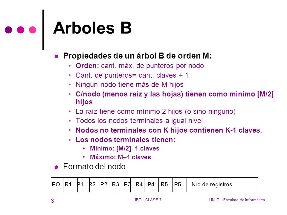 Arboles B Propiedades de un árbol B de orden M: Formato del nodo