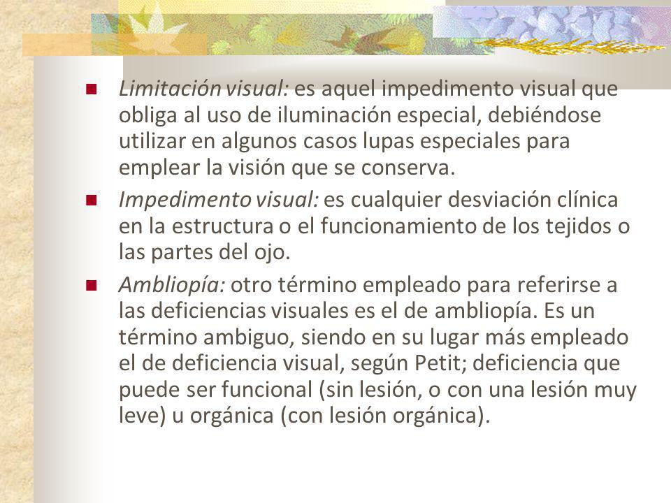 Limitación visual: es aquel impedimento visual que obliga al uso de iluminación especial, debiéndose utilizar en algunos casos lupas especiales para emplear la visión que se conserva.