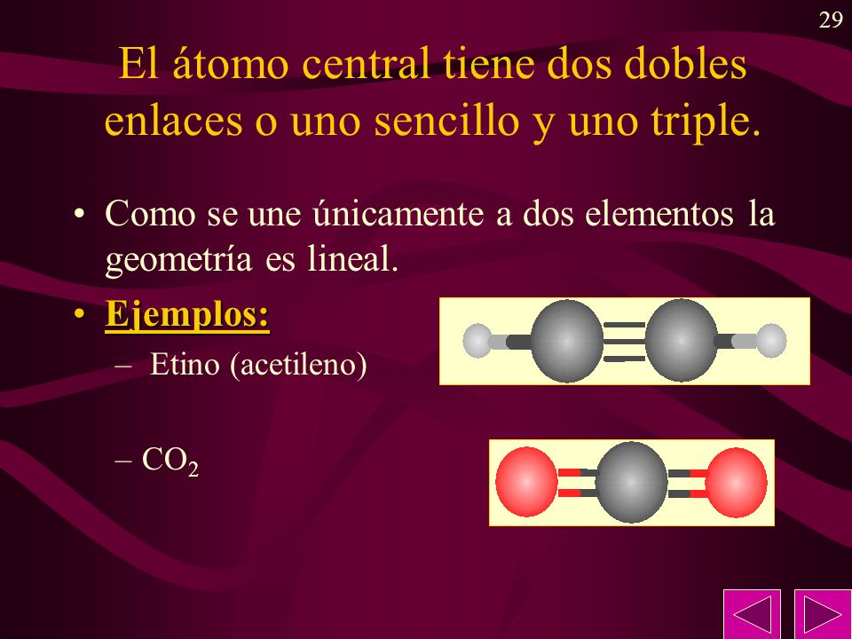 El átomo central tiene dos dobles enlaces o uno sencillo y uno triple.
