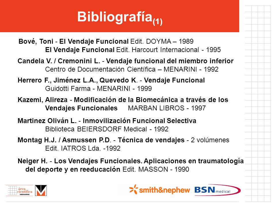 Bibliografía(1) Bové, Toni - El Vendaje Funcional Edit. DOYMA – 1989