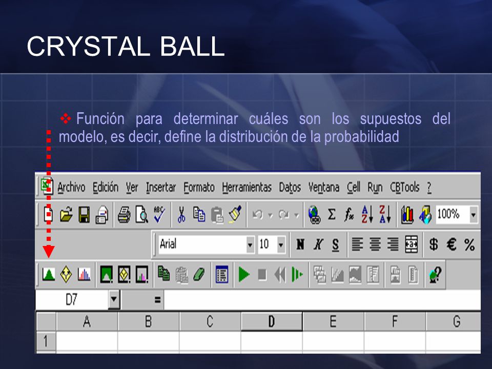 CRYSTAL BALL Función para determinar cuáles son los supuestos del modelo, es decir, define la distribución de la probabilidad.
