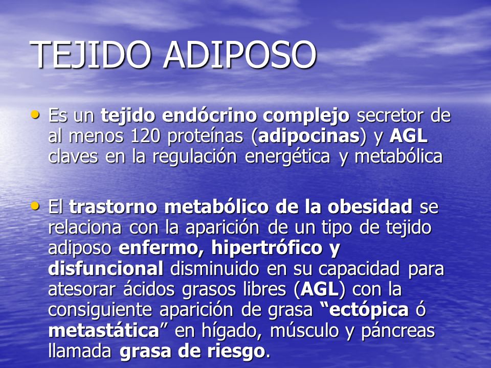 TEJIDO ADIPOSO Es un tejido endócrino complejo secretor de al menos 120 proteínas (adipocinas) y AGL claves en la regulación energética y metabólica.