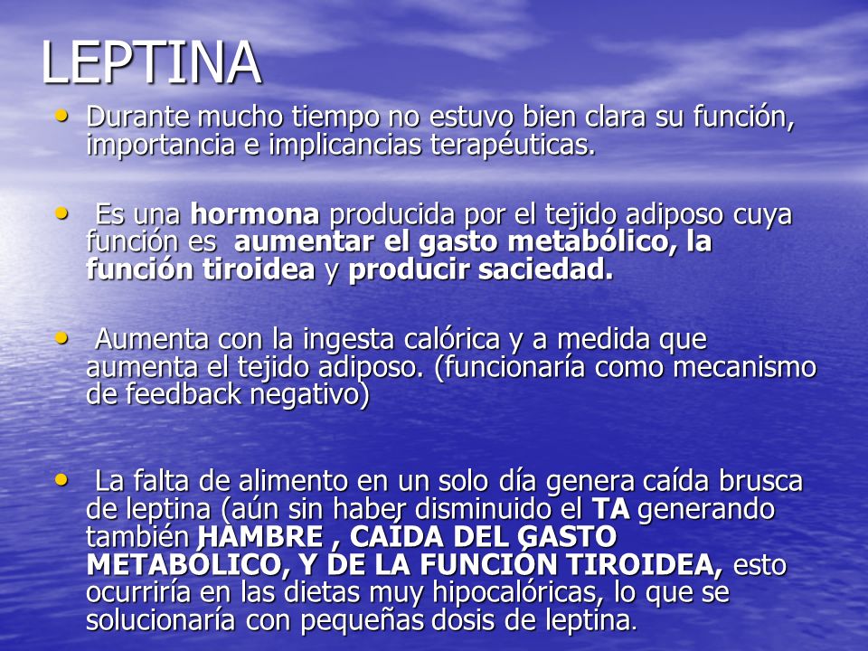 LEPTINA Durante mucho tiempo no estuvo bien clara su función, importancia e implicancias terapéuticas.