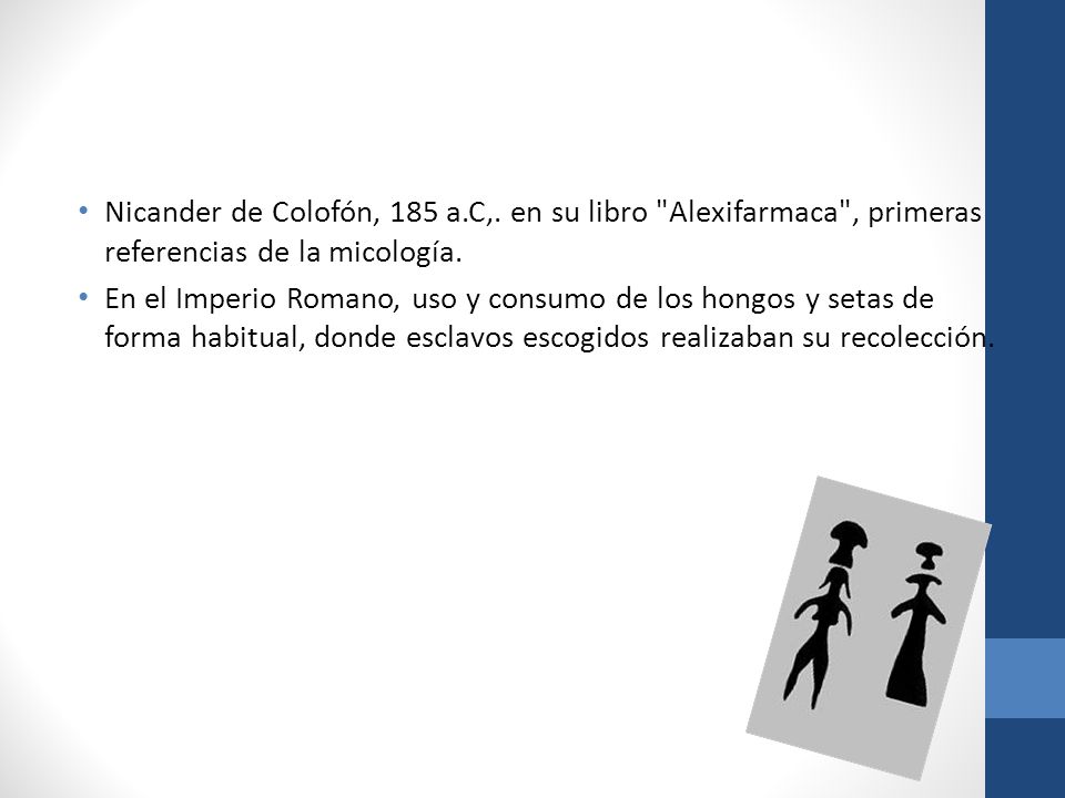 Nicander de Colofón, 185 a.C,. en su libro Alexifarmaca , primeras referencias de la micología.
