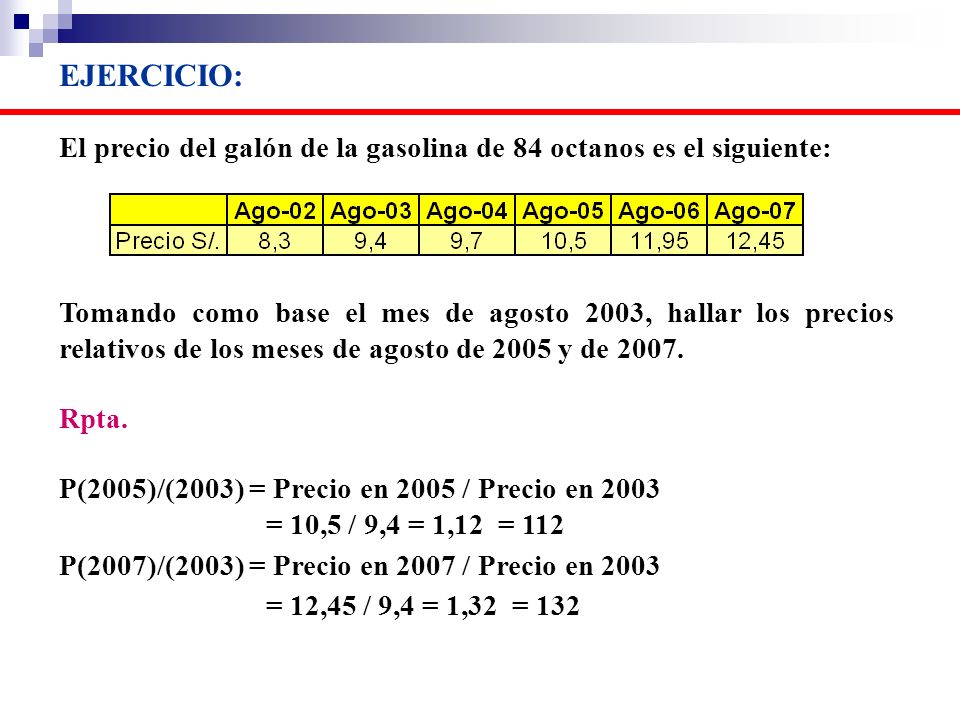 EJERCICIO: El precio del galón de la gasolina de 84 octanos es el siguiente: