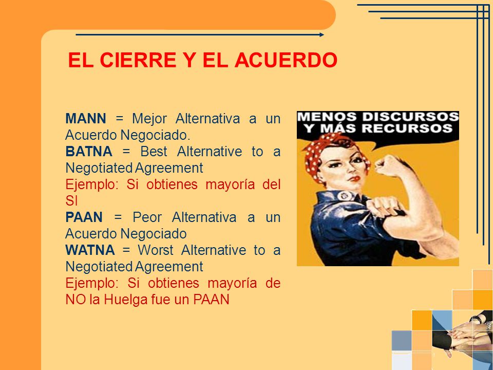 EL CIERRE Y EL ACUERDO MANN = Mejor Alternativa a un Acuerdo Negociado. BATNA = Best Alternative to a Negotiated Agreement.