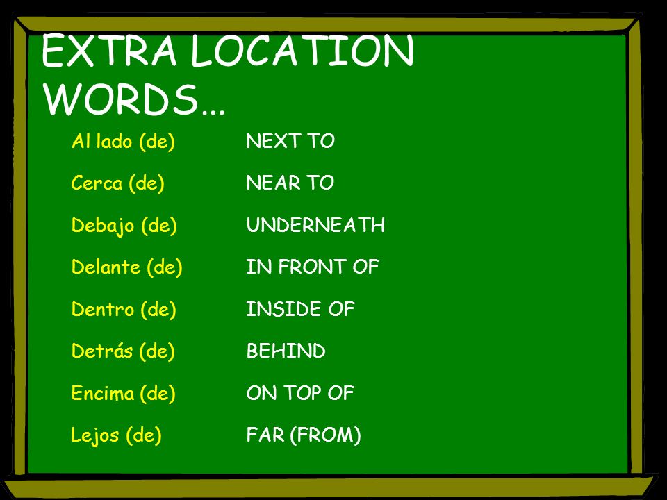EXTRA LOCATION WORDS… Al lado (de) NEXT TO Cerca (de) NEAR TO