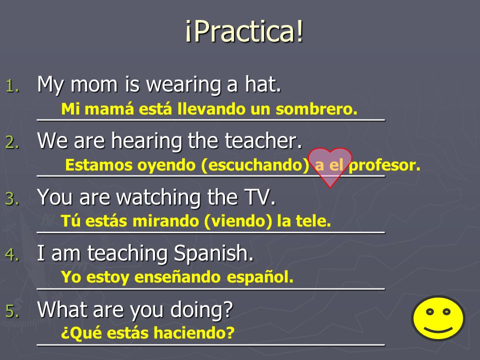 ¡Practica! My mom is wearing a hat. ______________________________
