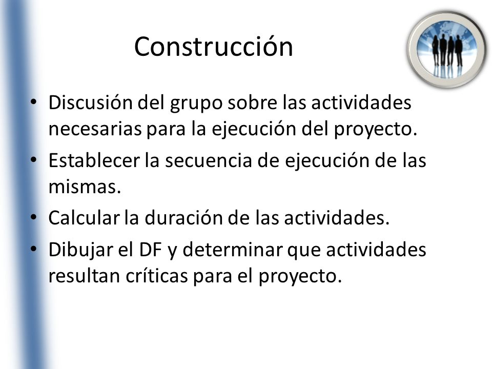 Construcción Discusión del grupo sobre las actividades necesarias para la ejecución del proyecto.
