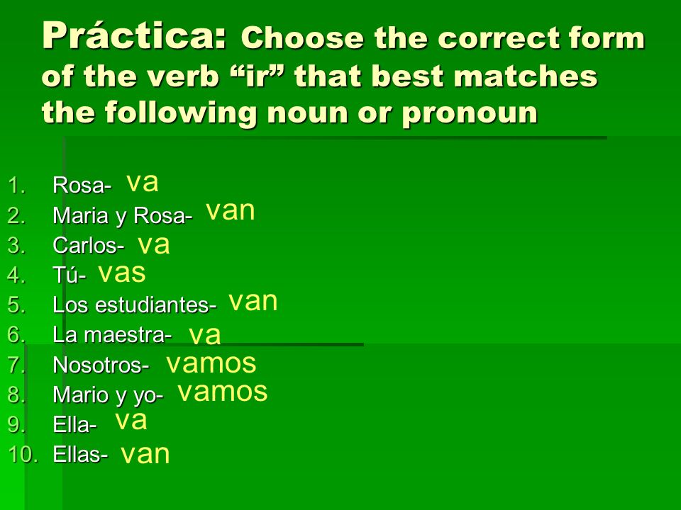 Práctica: Choose the correct form of the verb ir that best matches the following noun or pronoun