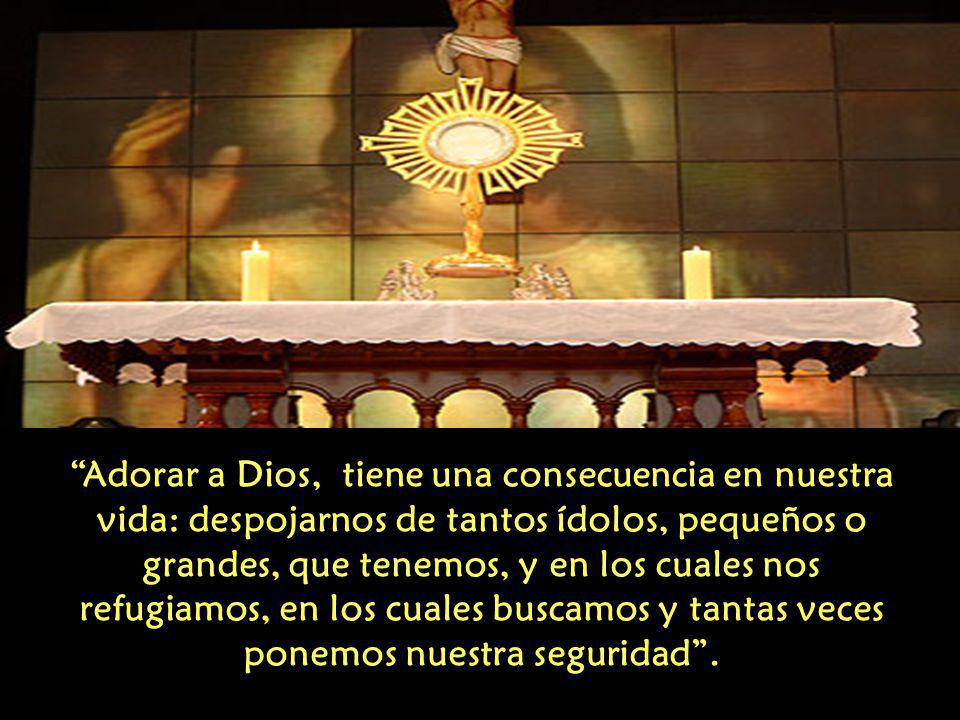 Adorar a Dios, tiene una consecuencia en nuestra vida: despojarnos de tantos ídolos, pequeños o grandes, que tenemos, y en los cuales nos refugiamos, en los cuales buscamos y tantas veces ponemos nuestra seguridad .