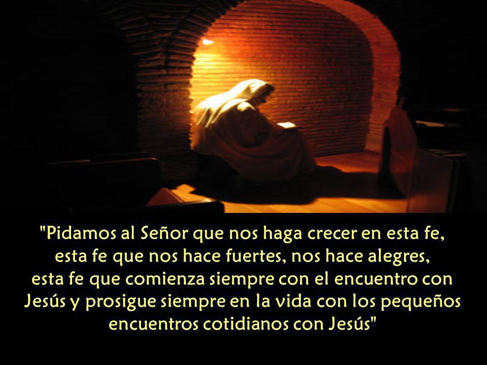 Pidamos al Señor que nos haga crecer en esta fe, esta fe que nos hace fuertes, nos hace alegres, esta fe que comienza siempre con el encuentro con Jesús y prosigue siempre en la vida con los pequeños encuentros cotidianos con Jesús
