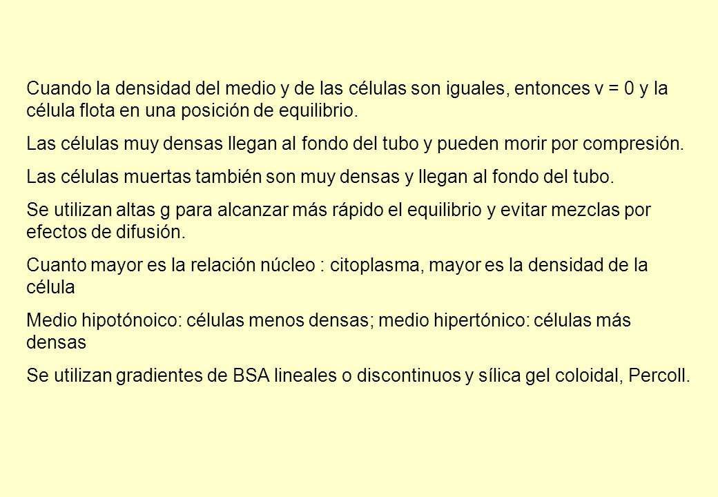 Cuando la densidad del medio y de las células son iguales, entonces v = 0 y la célula flota en una posición de equilibrio.