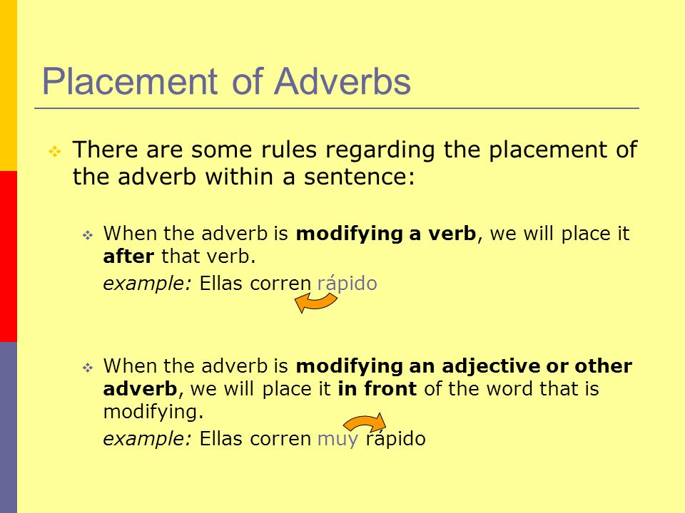 Placement of Adverbs There are some rules regarding the placement of the adverb within a sentence: