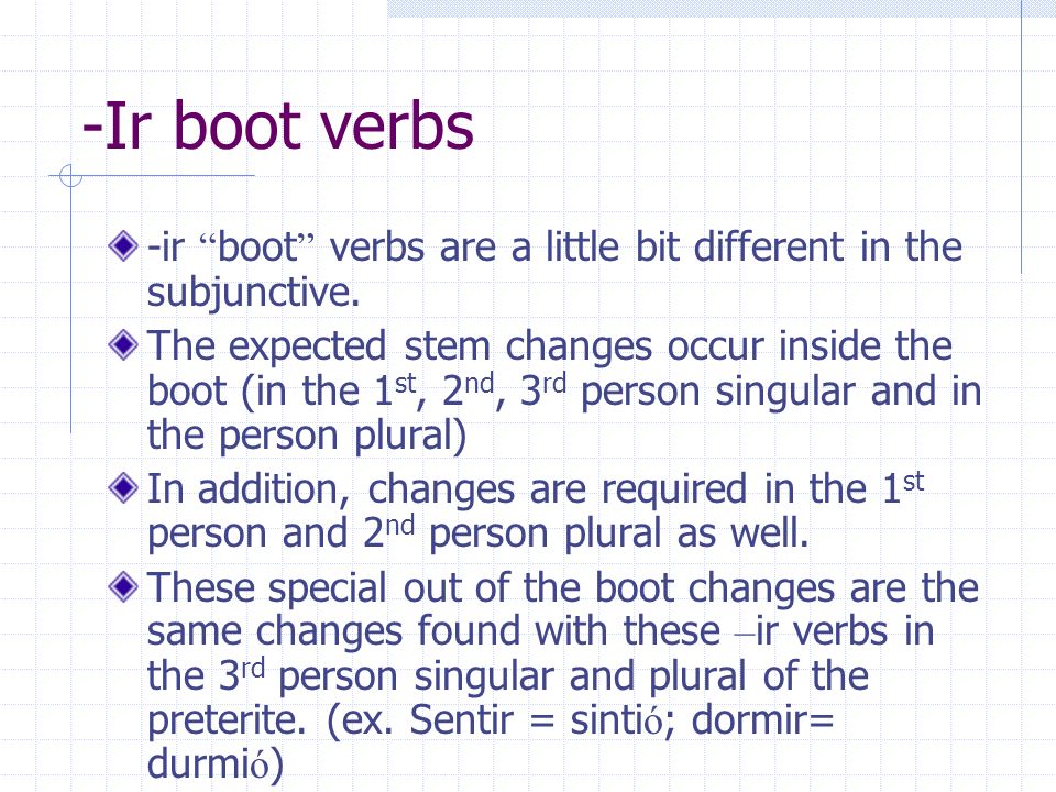 -Ir boot verbs -ir boot verbs are a little bit different in the subjunctive.