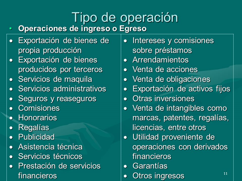 Tipo de operación Operaciones de ingreso o Egreso