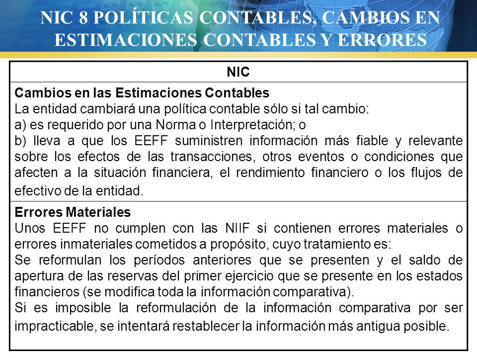 NIC 8 POLÍTICAS CONTABLES, CAMBIOS EN ESTIMACIONES CONTABLES Y ERRORES