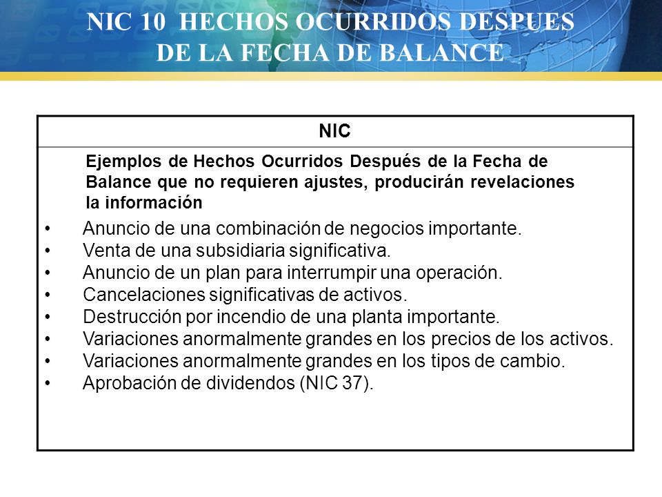 NIC 10 HECHOS OCURRIDOS DESPUES DE LA FECHA DE BALANCE