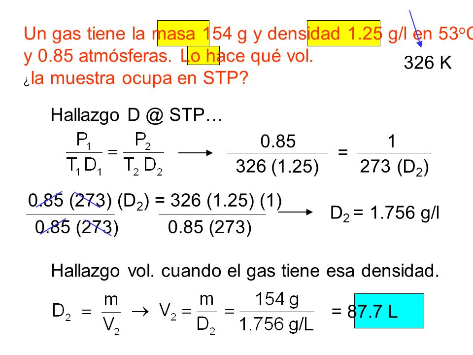 Un gas tiene la masa 154 g y densidad 1.25 g/l en 53oC