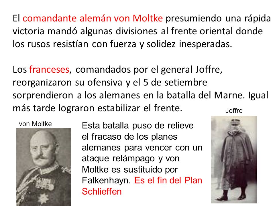El comandante alemán von Moltke presumiendo una rápida victoria mandó algunas divisiones al frente oriental donde los rusos resistían con fuerza y solidez inesperadas.
