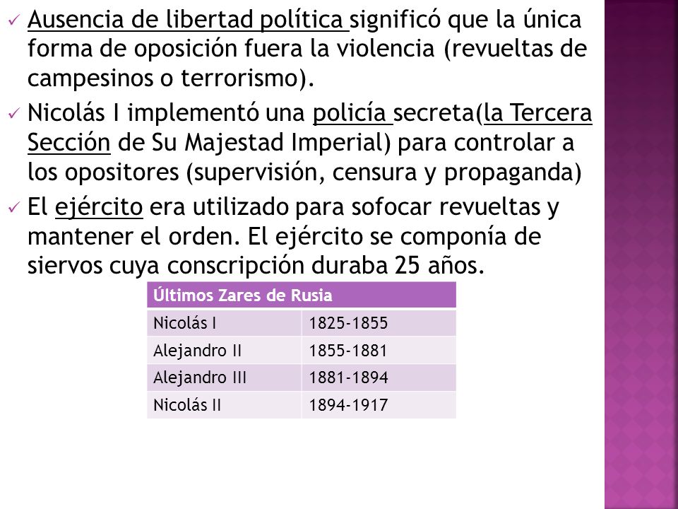 Ausencia de libertad política significó que la única forma de oposición fuera la violencia (revueltas de campesinos o terrorismo).