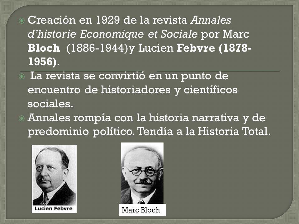 Creación en 1929 de la revista Annales d’historie Economique et Sociale por Marc Bloch ( )y Lucien Febvre ( ).