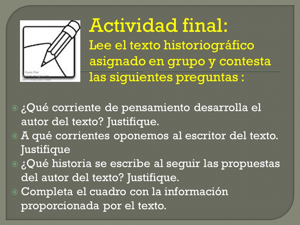 Actividad final: Lee el texto historiográfico asignado en grupo y contesta las siguientes preguntas :