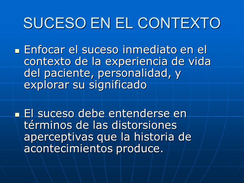 SUCESO EN EL CONTEXTO Enfocar el suceso inmediato en el contexto de la experiencia de vida del paciente, personalidad, y explorar su significado.